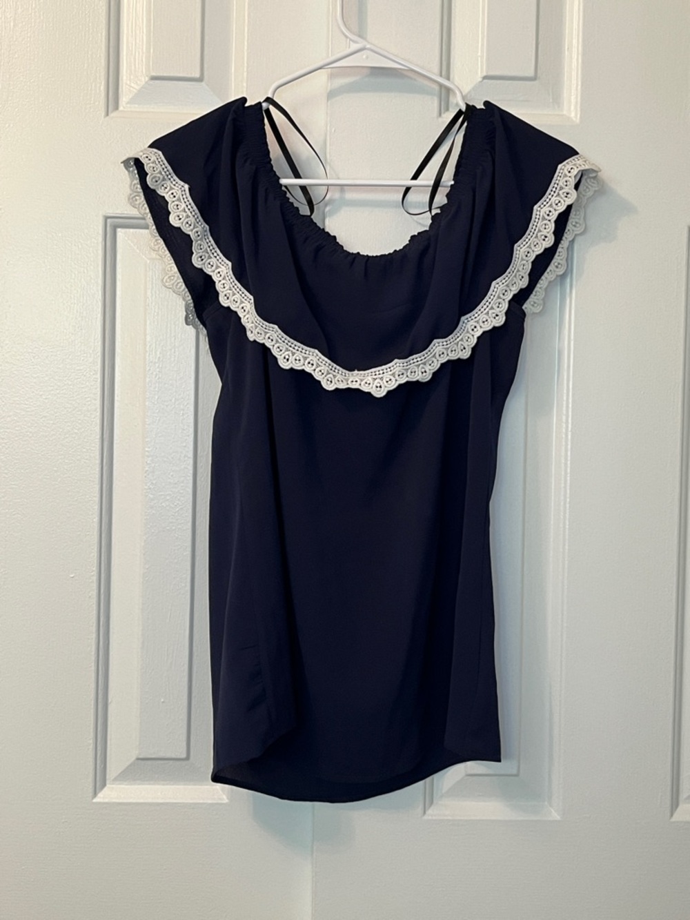 A.U.W. Top Blouse Blue White Off Shoulder Flounce Lace Stretch Size S